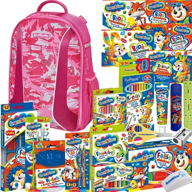 Herlitz Tornister Usztywniony Dziewczynk Różowy + Wyprawka Szkolna Bambino