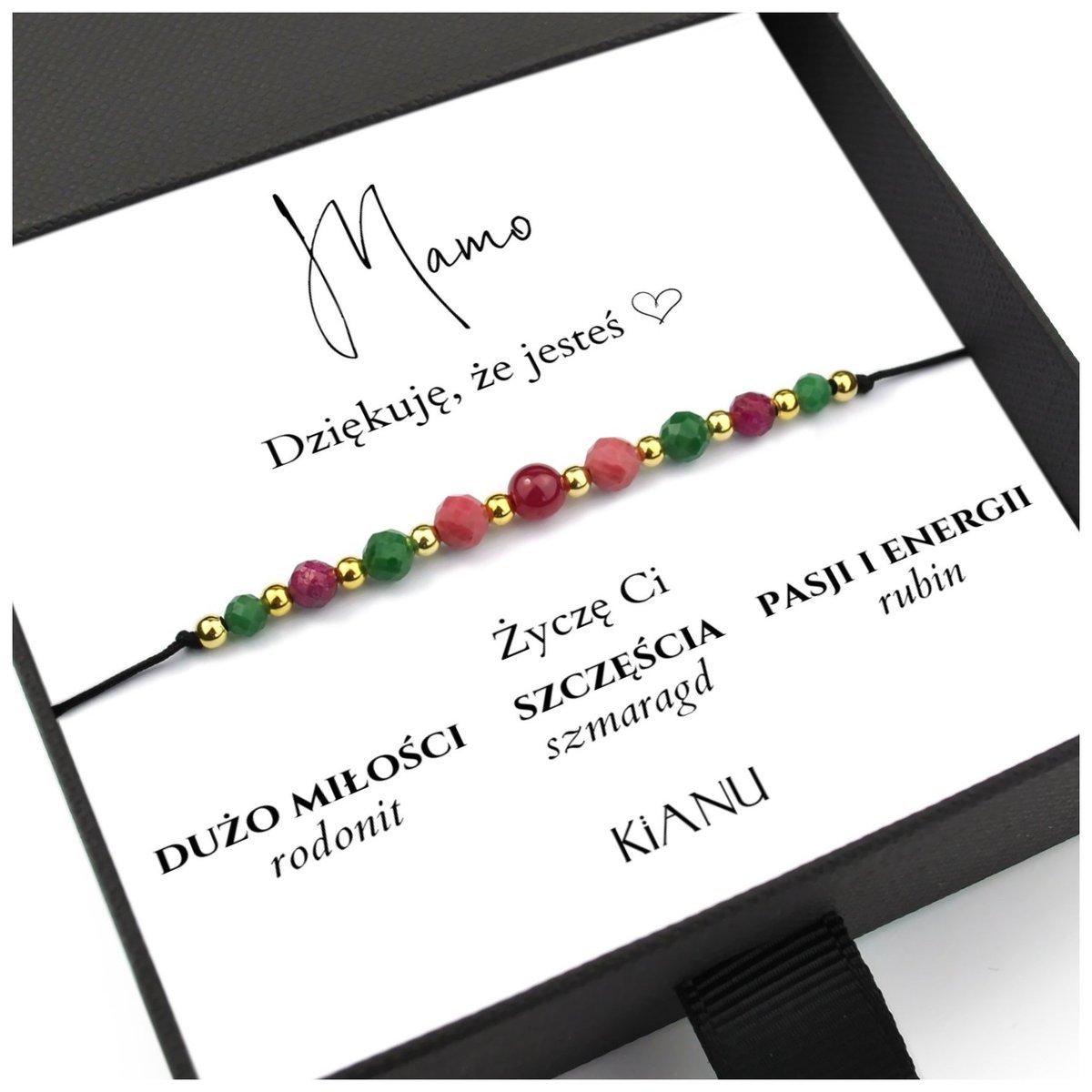 Bransoletka KiANU Rubin Rodonit Szmaragd Srebro Złoto 24K Prezent na Dzień Mamy