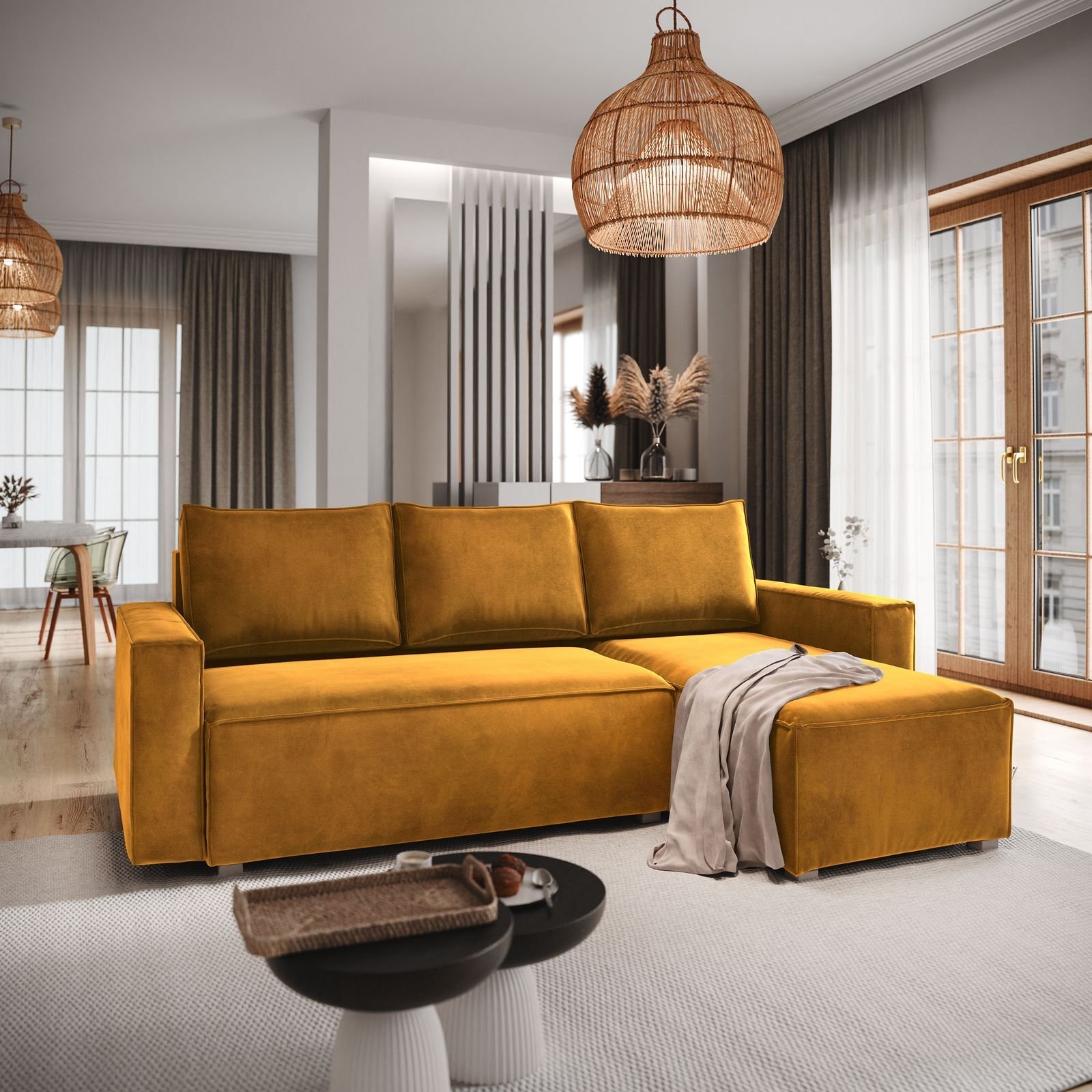 Masseno Narożnik SILES z funkcją spania i pojemnikiem na pościel Kształt L, Rozkładana sofa, Rogówka - Żółty, MONOLITH 48