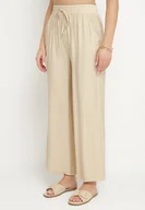 Spodnie damskie - Beżowe Szerokie Spodnie Palazzo z Wysokim Stanem i Wiązaniem Myrlevia - miniaturka - grafika 1