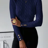 Swetry damskie - TEMU Damski Granatowy Sweter-Kurtka - Elegancka Długa Rękawowa Kurtka z Guzikami i Kołnierzem, Pranie w Praniu Maszynowym, Ciepły Blazer na Zimę do - miniaturka - grafika 1