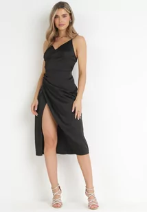 Czarna Satynowa Sukienka na Ramiączkach z Rozcięciem i Głębokim Dekoltem Bonniette - Sukienki - miniaturka - grafika 1