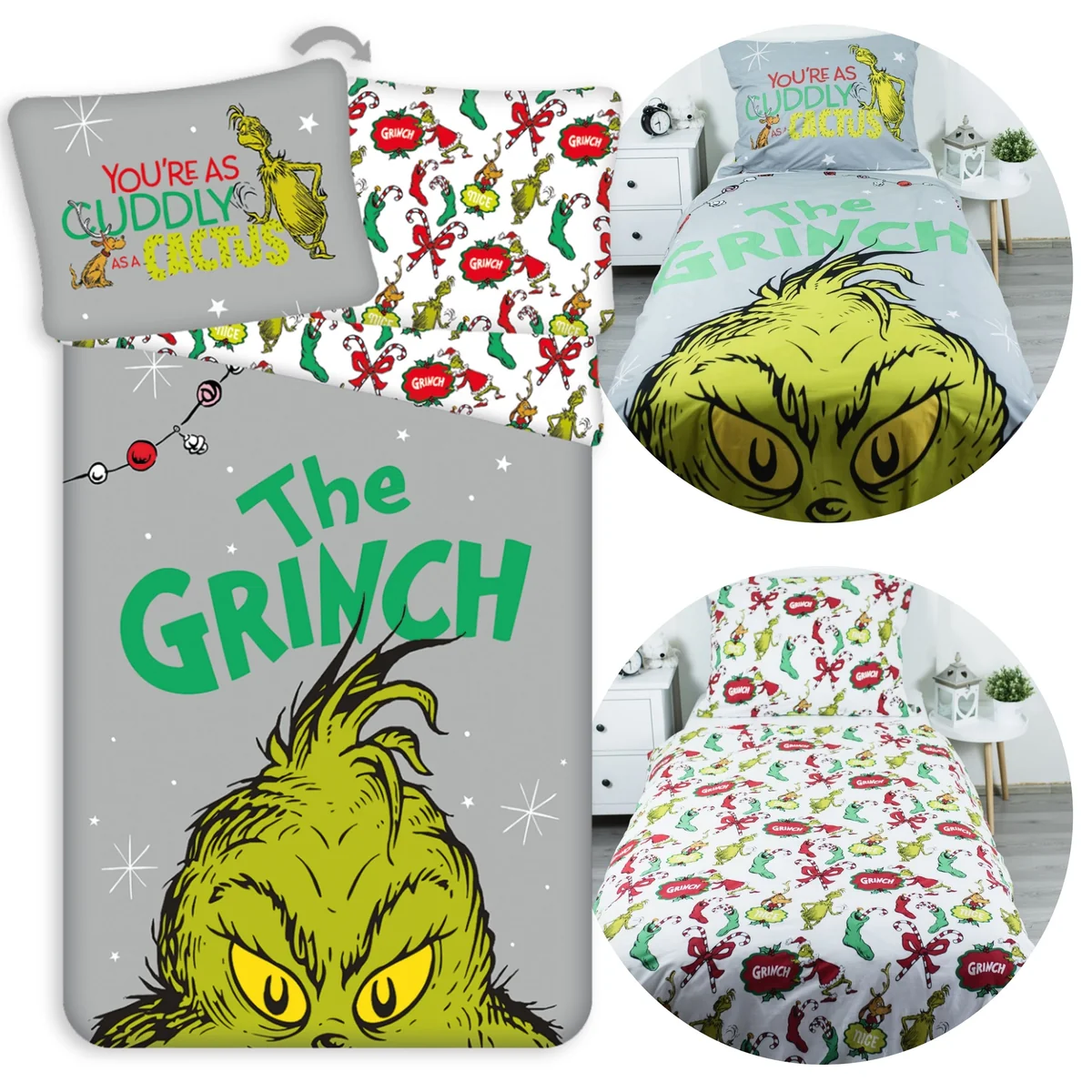 Grinch Świąteczna, DWUSTRONNA, bawełniana pościel dziecięca na zamek, 100% BAWEŁNA 140x200cm+70x90cm OEKO-TEX