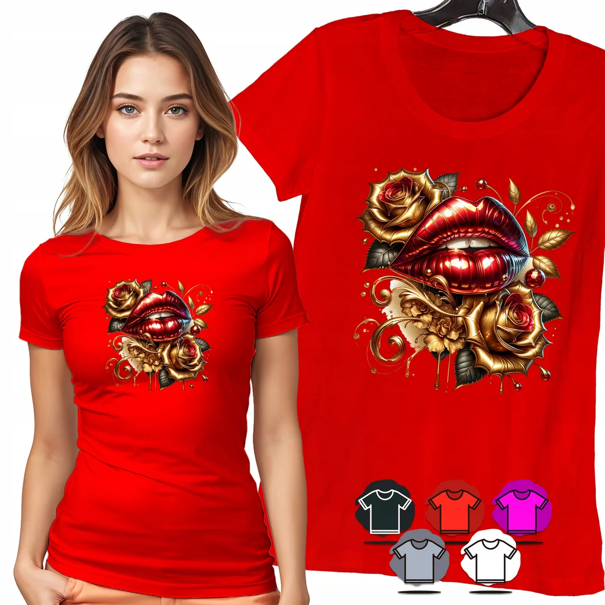 KOSZULKA DAMSKA T-SHIRT - ZŁOTE USTA RÓŻE ELEGANCKI DAMSKI WZÓR MODA - XXL