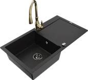 Zlewozmywaki z baterią - Mexen Leo zlewozmywak granitowy 1-komorowy z ociekaczem i baterią kuchenną Savita, czarny - 6501-77-672601-50-B - miniaturka - grafika 1