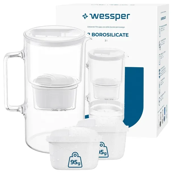 Szklany dzbanek filtrujący Wessper D2 Borosilicate 3l biały + 3x filtr