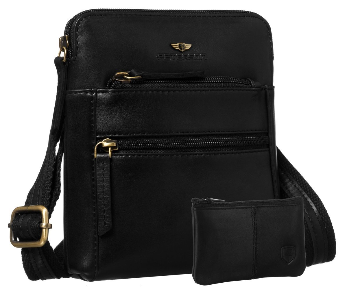 Torebka męska listonoszka skórzana PETERSON mała na co dzień saszetka na ramię kieszonki na suwak elegancka miejska czarna + etui na klucze