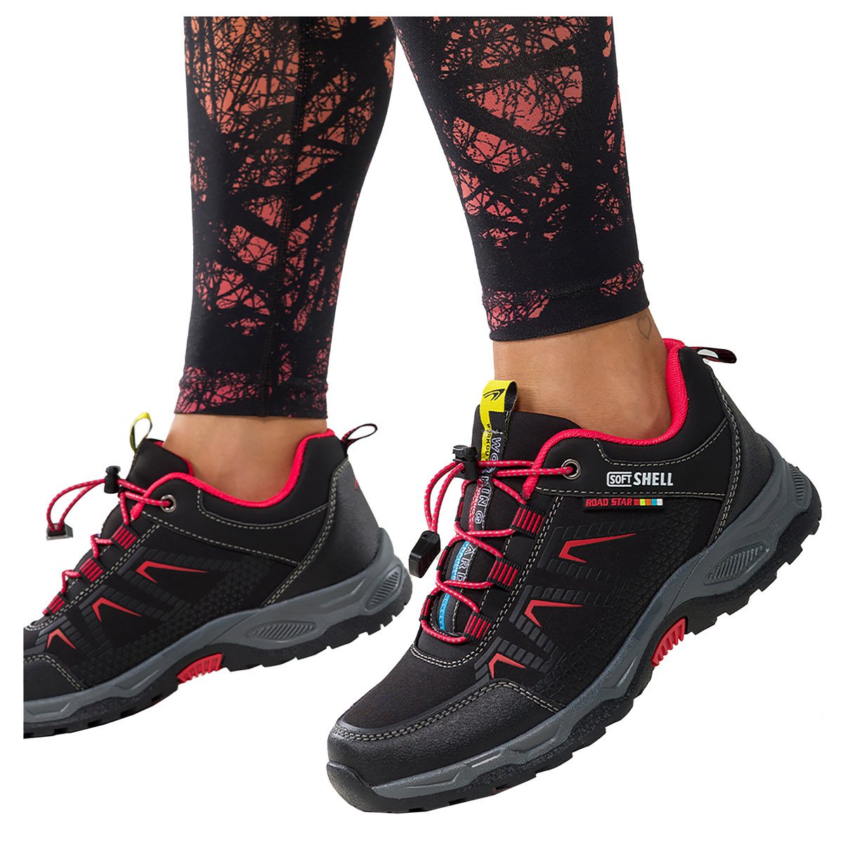 Czarne buty trekkingowe damskie buty sportowe na bieżnikowanej podeszwie z regulowaną elastyczną sznurówką czerwone wstawki softshell Casu 2213-7W-41