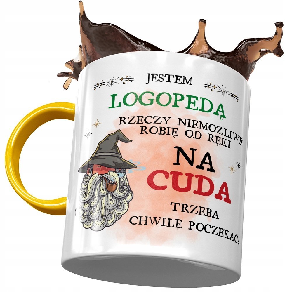 Kubek Żółty Dla Logopedy na Cuda Trzeba Poczekać z Nadrukiem ze Zdjęciem + Opakowanie na prezent (wzór 01)