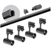 Akcesoria do oświetlenia - Zestaw szynowy 3 fazowy 4x Lampa na GU10 + szyna 2m + zasilanie + zaślepka CZARNY - miniaturka - grafika 1