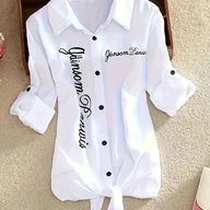 Koszule damskie - TEMU Stylowa biała koszula damskiej z długim rękawem i czarnymi guzikami - swobodny top z poliestru na wiosnę/leto/jesień, idealny na codzienną - miniaturka - grafika 1