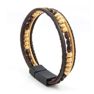 Bransolety męskie - Bransoletka skórzana czarno-żółta z koralikami EM 4 - EM Men's Accessories - miniaturka - grafika 1
