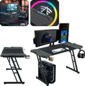 Biurka gamingowe - XMTECH biurko gamingowe narożne 140x60cm biurko PC biurko komputerowe dla graczy biurko biurowe z uchwytem na słuchawki i uchwytem na kubek biurko gamingowe do domu i biura, z diodą LED - miniaturka - grafika 1