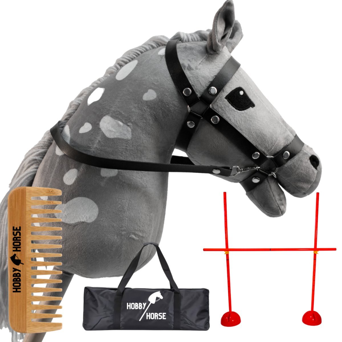 ZESTAW HOBBY HORSE KOŃ NA KIJU A4 + PRZESZKODA DO SKAKANIA 120 CM + GRZEBIEŃ [M-H407-Z1]