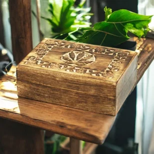 Szkatułka Drewniana Liść Konopny Ozdobne Pudełko na Drobiazgi i Biżuterię - Pudełka i szkatułki - miniaturka - grafika 1