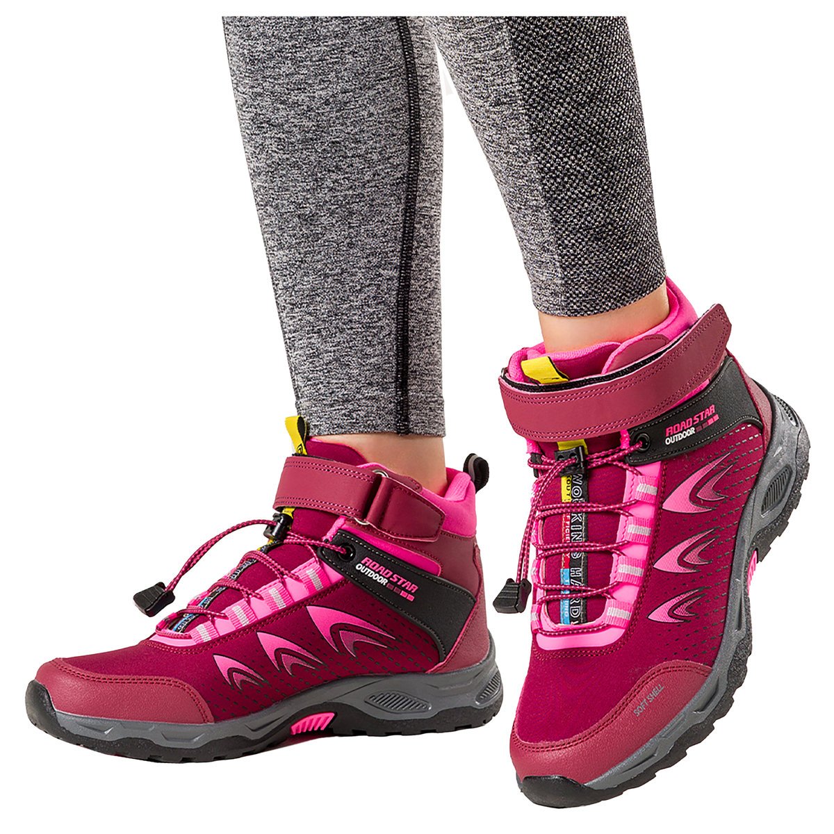 Bordowe buty trekkingowe damskie na bieżnikowanej podeszwie z regulowaną elastyczną sznurówką softshell Casu 2310-13W-41