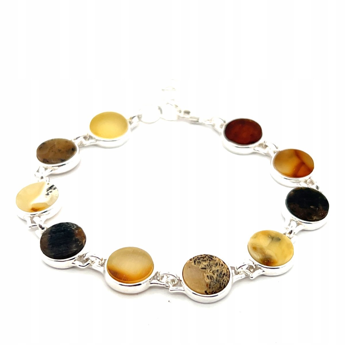Bransoletka srebrna 925 bursztyny okrągłe monetki surowe - regulowana