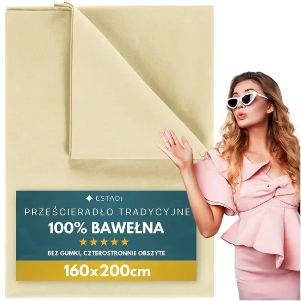 Prześcieradło bez Gumki Tradycyjne 160x200 cm Bawełniane Polskie - Kremowe