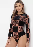 Body - Beżowe Body z Długim Rękawem w Geometryczny Wzór Gerilla - miniaturka - grafika 1