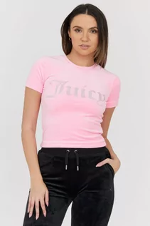 Koszulki i topy damskie - JUICY COUTURE - Różowy welurowy t-shirt z błyszczącym logo - grafika 1