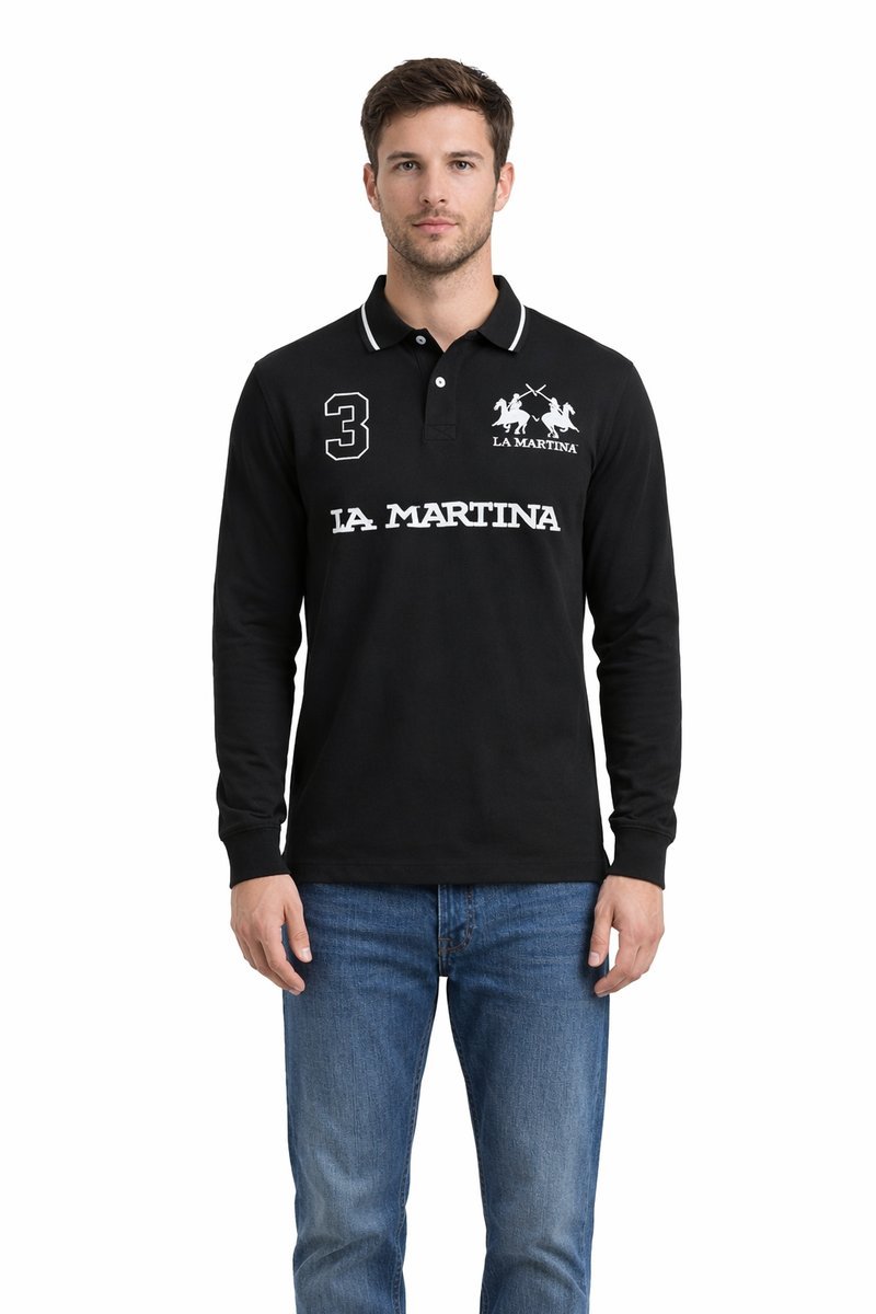 LA MARTINA CZARNA KOSZULKA POLO Z DŁUGIM RĘKAWEM Z HAFTEM M I4A