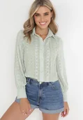 Koszule damskie - Miętowa Koszula z Siateczki Zdobionej Ażurowymi Wstawkami i Metaliczną Nitką Fayne - miniaturka - grafika 1