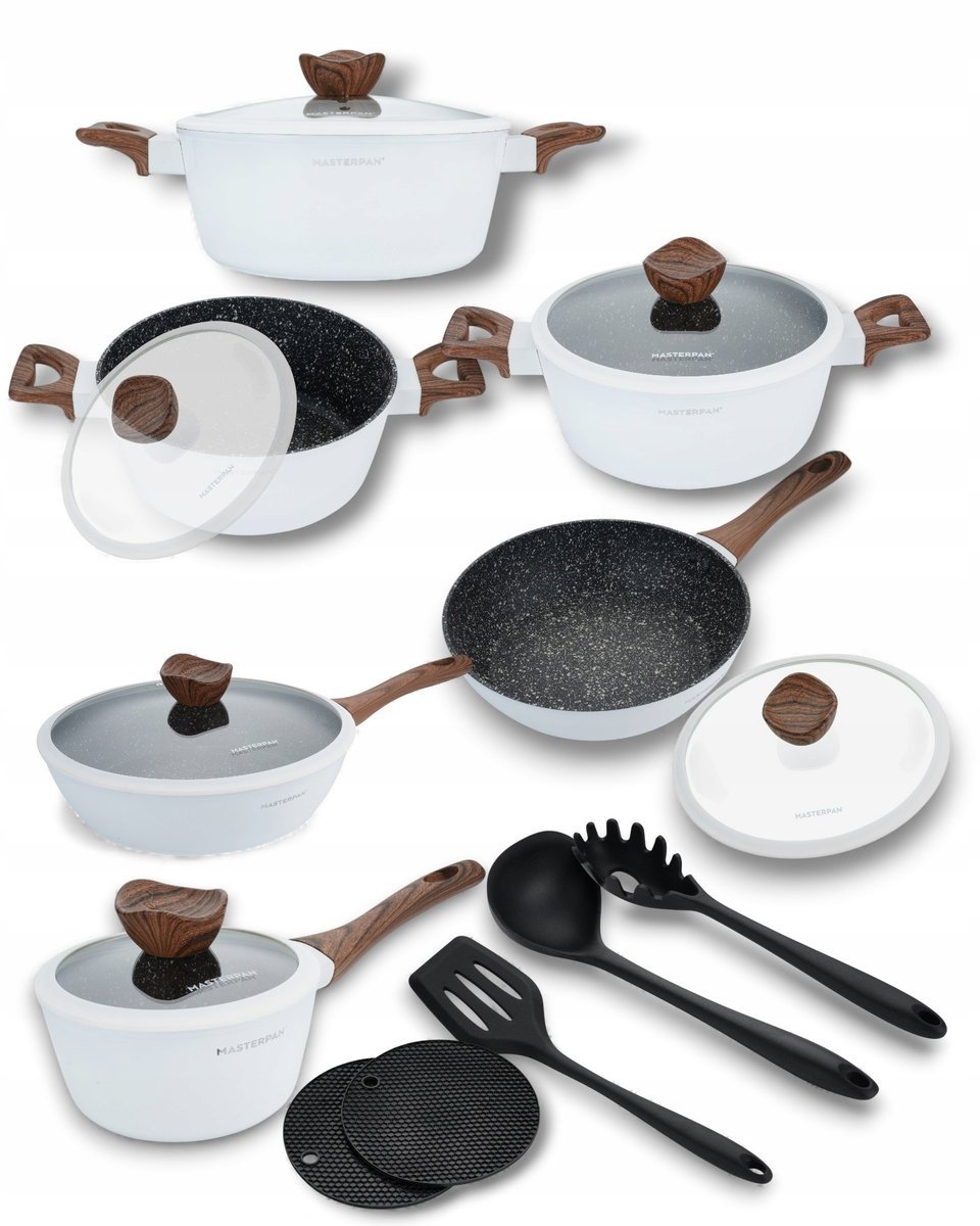 KOMPLET GARNKÓW MARMURKOWYCH 15EL. POWŁOKA GRANITOWA INDUKCJA GAZ BIAŁE