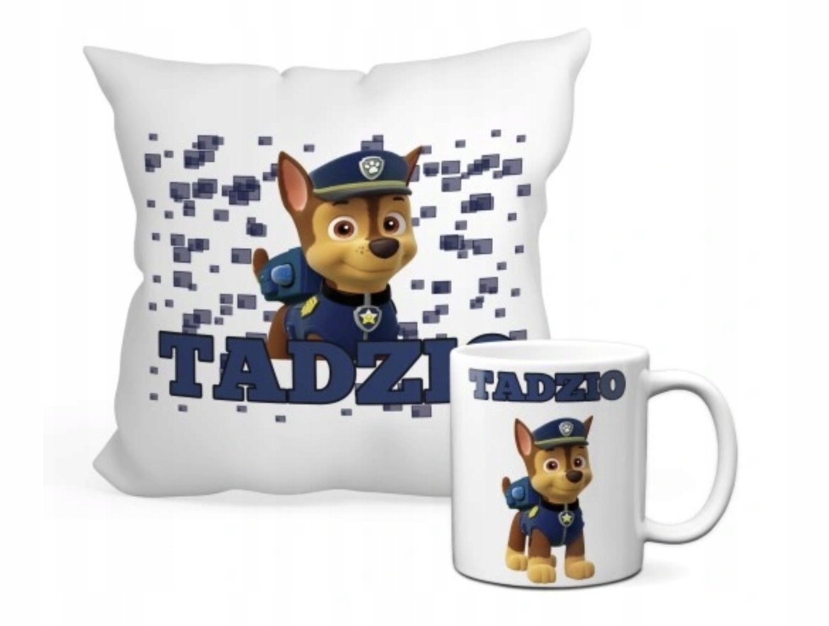 ZESTAW PODUSZKA + KUBEK Prezent PSI PATROL PIESKI CHASE SKY + IMIĘ 22