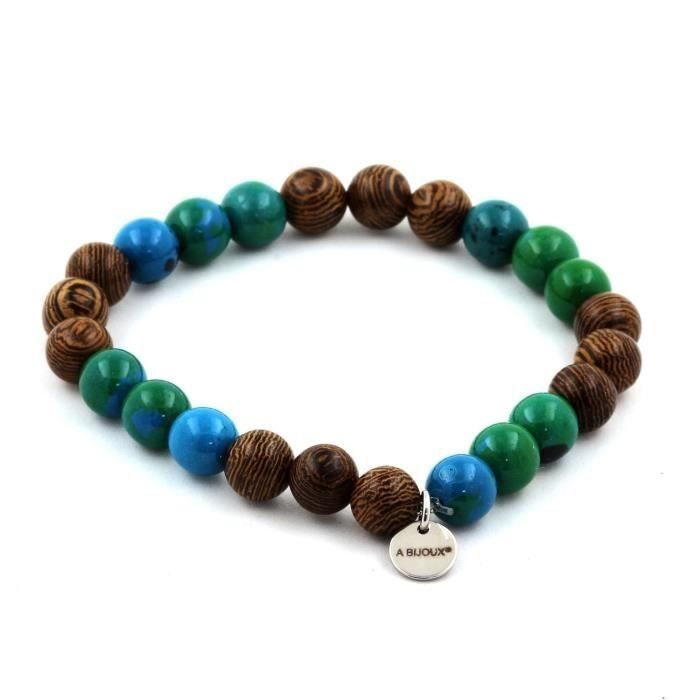 Kamienie i minerały. Bransoletka z koralików drewnianych + chryzokola 8 mm. Wyprodukowano we Francji.