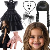 Sukienki - STRÓJ KARNAWAŁOWY WEDNESDAY SUKIENKA KOSTIUM NA BAL RĄCZKA ADDAMS 134-140 - miniaturka - grafika 1