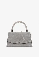 Torebki damskie - Czarno-Srebrna Mała Torebka z Plecioną Rączką i Łańcuszkiem na Ramię z Cyrkoniami na Zatrzask Teratia - miniaturka - grafika 1