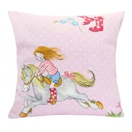 Poszewki na poduszki - Poszewka 40x40 bawełniana dzianina GRUBY JERSEY dla dziewczynki różowa koń - miniaturka - grafika 1