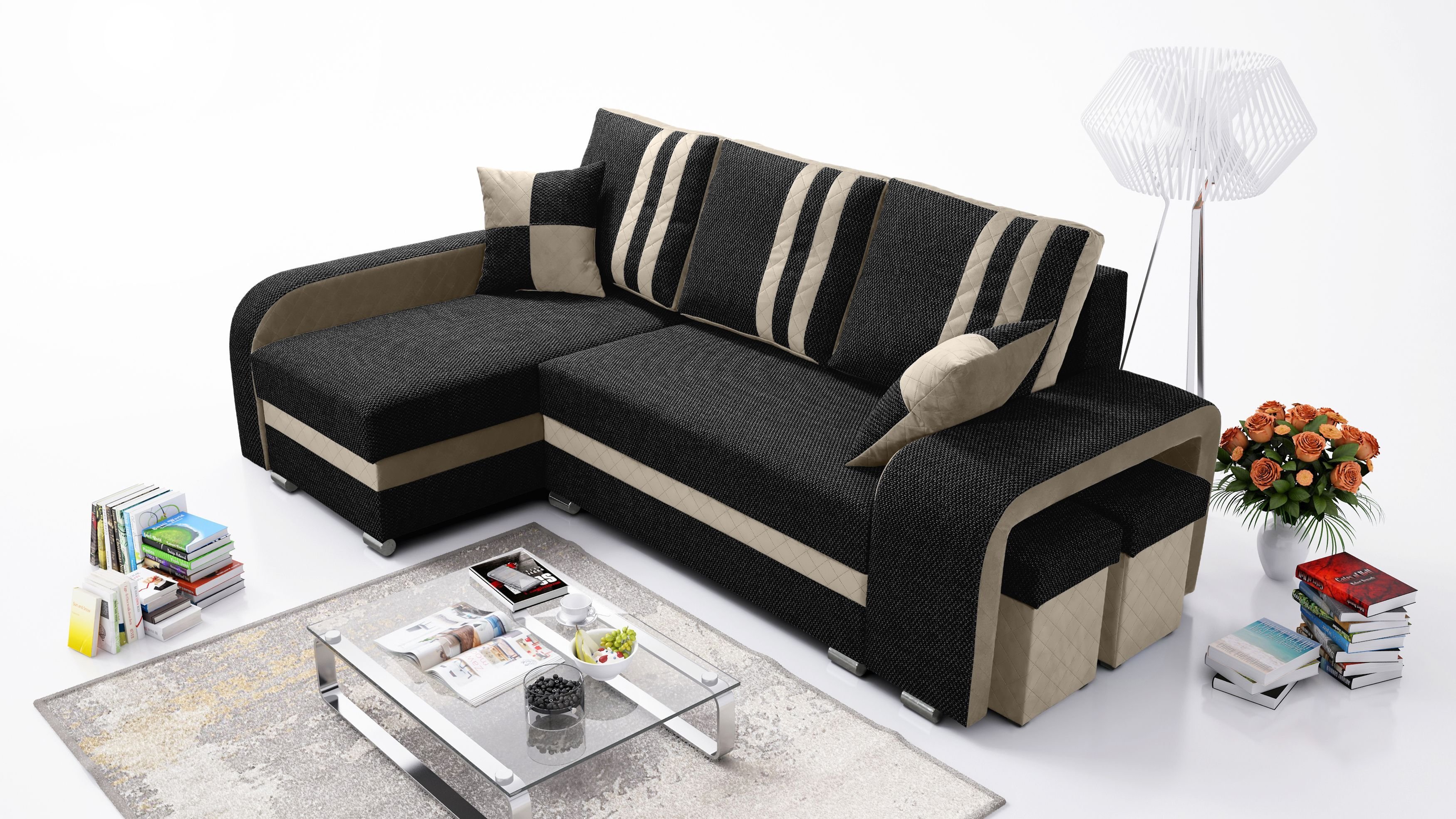 Robin York sofa narożna z funkcją spania 2x pojemnik na pościel 2x małe poduszki 2x taboret Sofa Sofa w kształcie litery L Wolnostojąca sofa narożna Meble do salonu Krajobraz salonu Czarny Beżowy