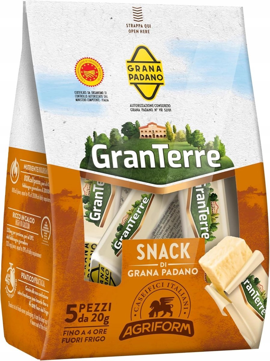 Grana Padano Gran Terre Snack DOP 5x 20g włoski ser twarty w kostkach