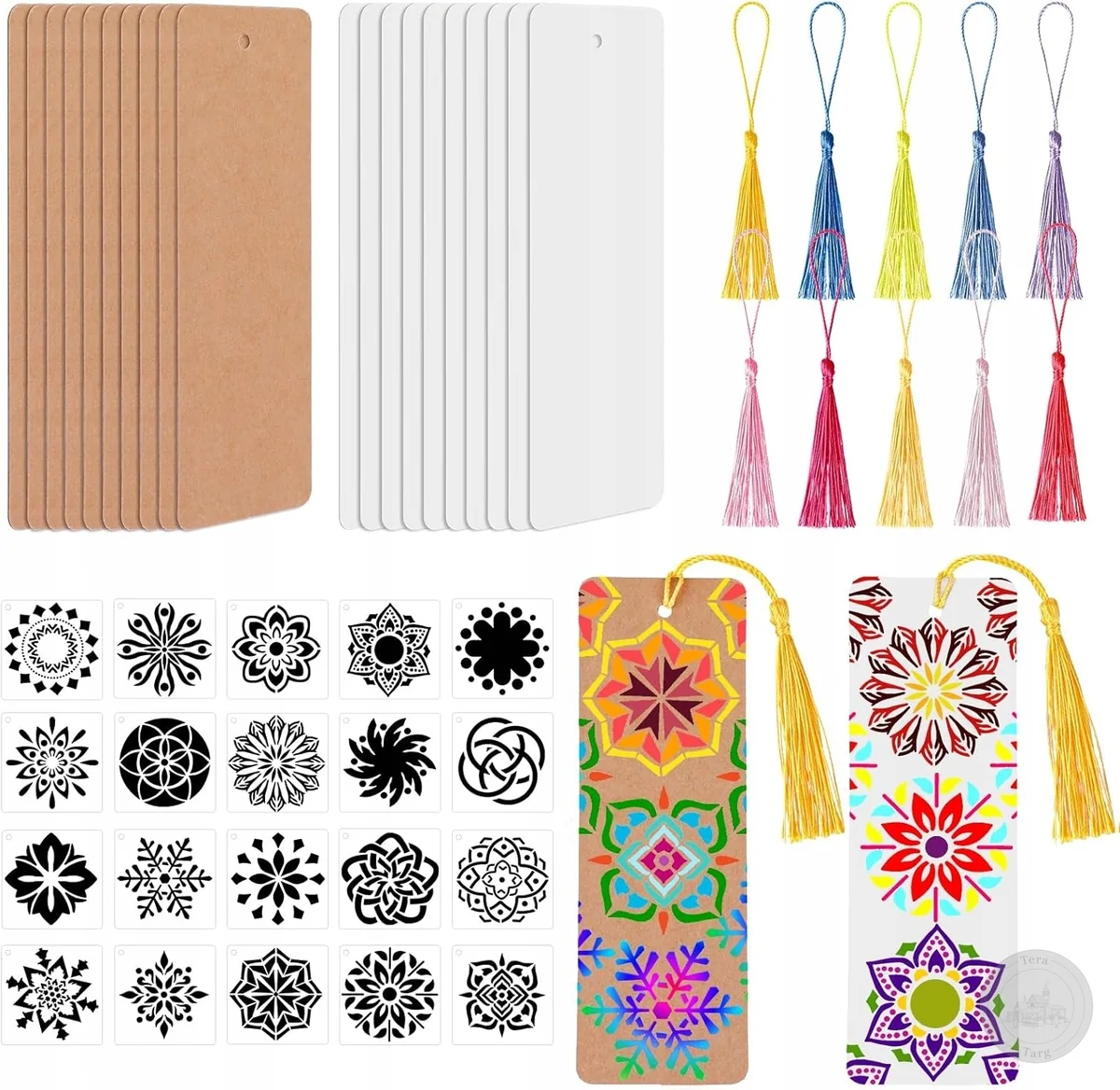 ZESTAW 20 PUSTYCH ZAKŁADEK DIY SZABLONY MANDALA FRĘDZLE KOMPLET