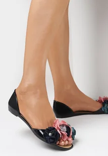 Czarne Balerinki Meliski z Otwartym Noskiem i Kwiatową Aplikacją Lamedella - Born2be - Baleriny - miniaturka - grafika 1