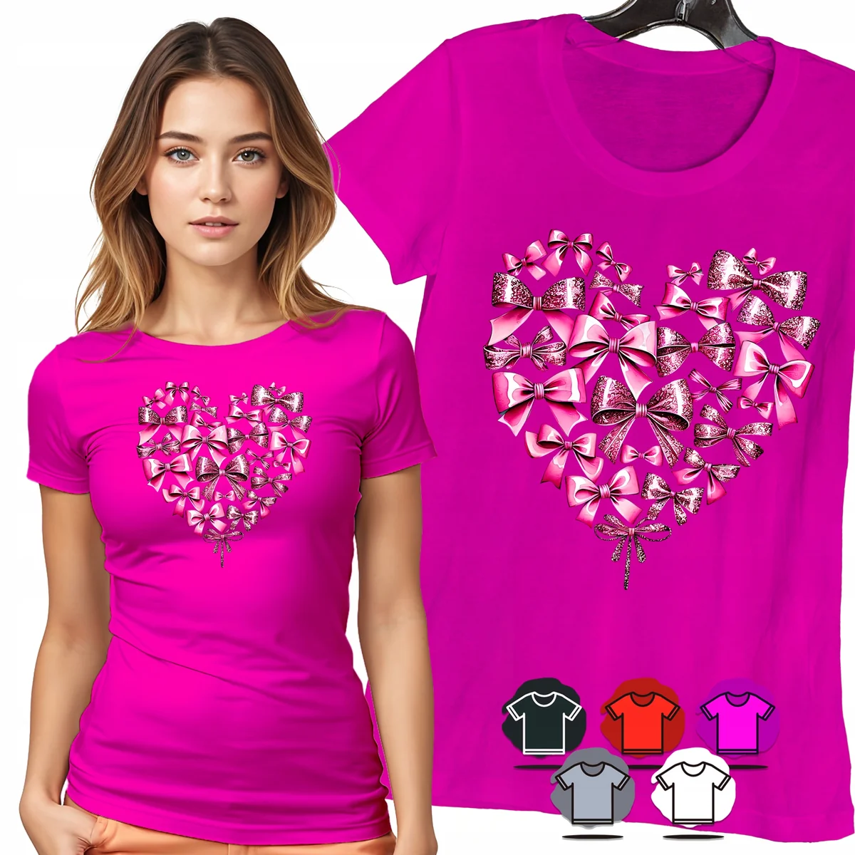 KOSZULKA DAMSKA T-SHIRT - SERCE Z RÓŻOWYCH KOKARDEK ELEGANCKI WZÓR - XL