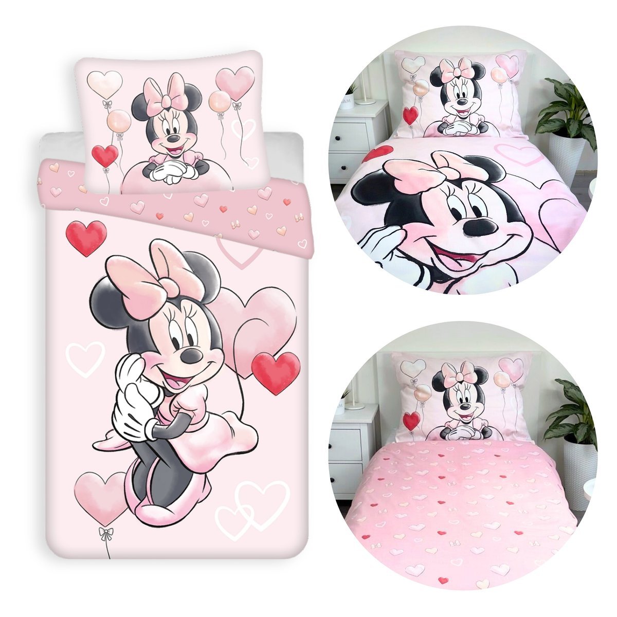DISNEY Myszka Minnie Różowa, DWUSTRONNA, bawełniana pościel dziecięca na zamek, 100% BAWEŁNA 140x200cm+70x90cm OEKO-TEX