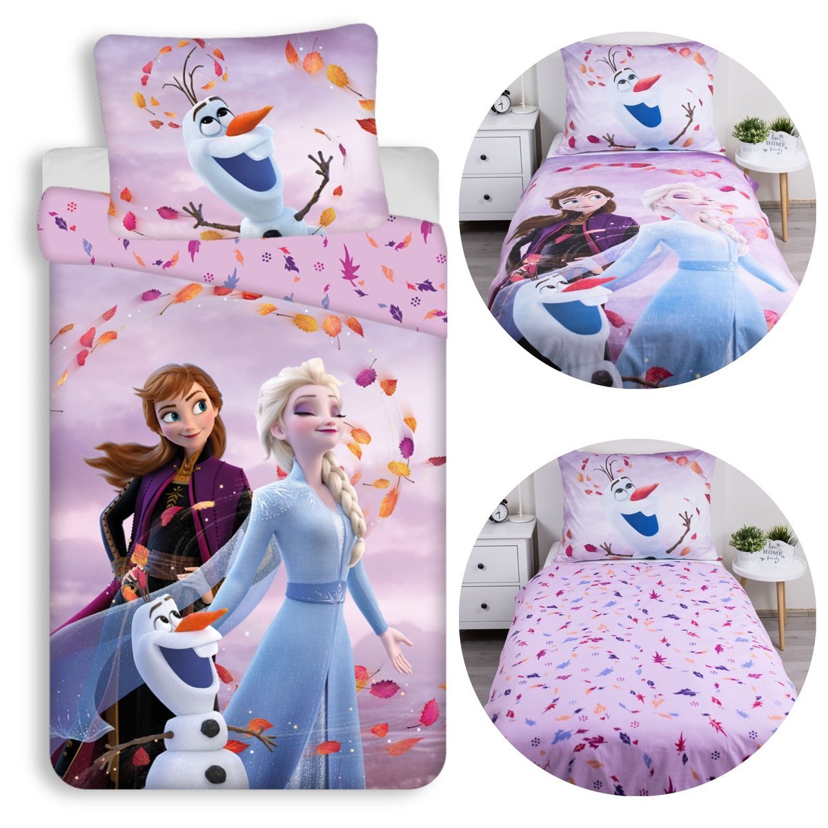 Kraina Lody Elsa Anna Olaf DWUSTRONNA, bawełniana pościel dziecięca na zamek, 100% BAWEŁNA 140x200cm+70x90cm OEKO-TEX