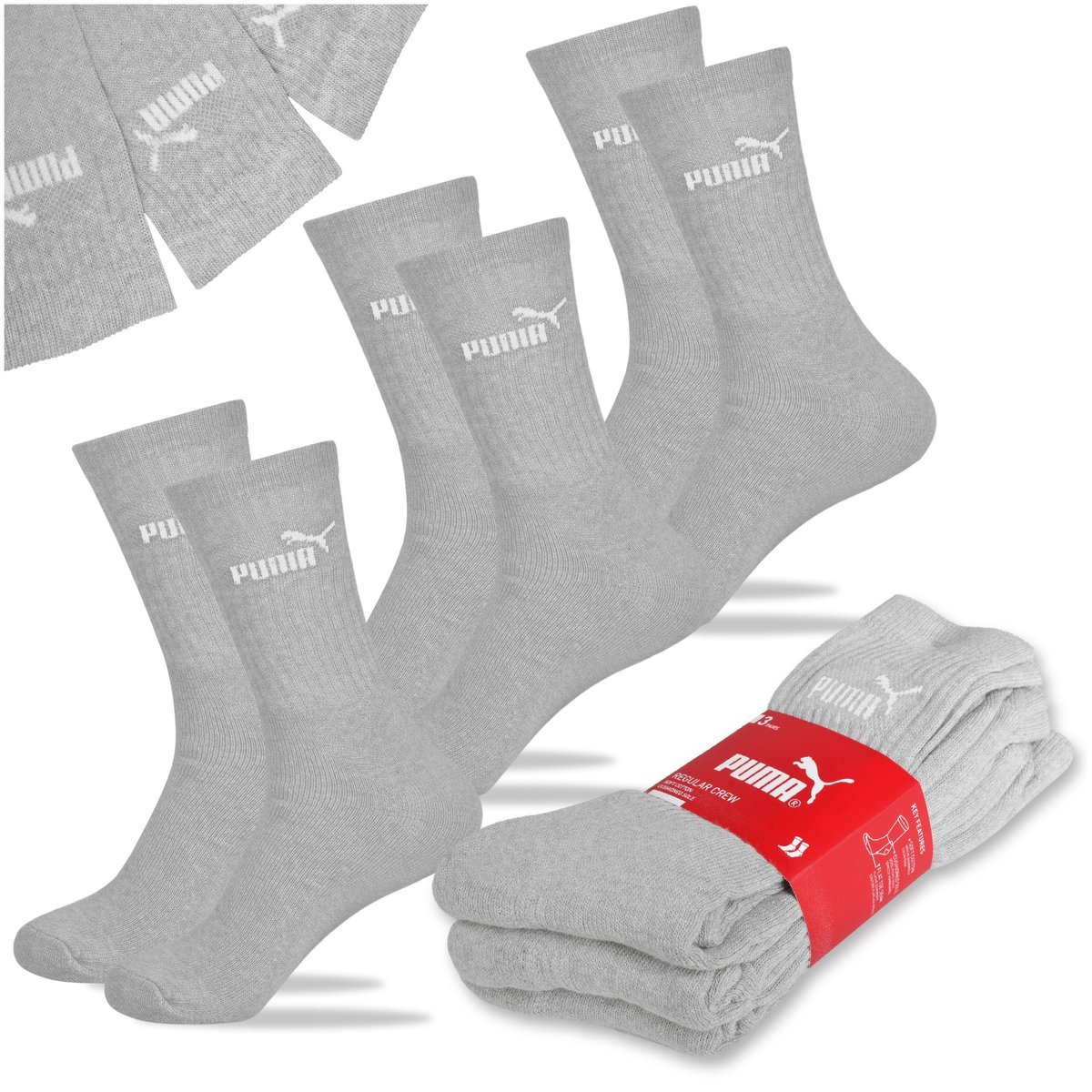 PUMA Skarpety Długie Bawełniane 3 pary Szare Basic 94711006 Rozmiar 43/46