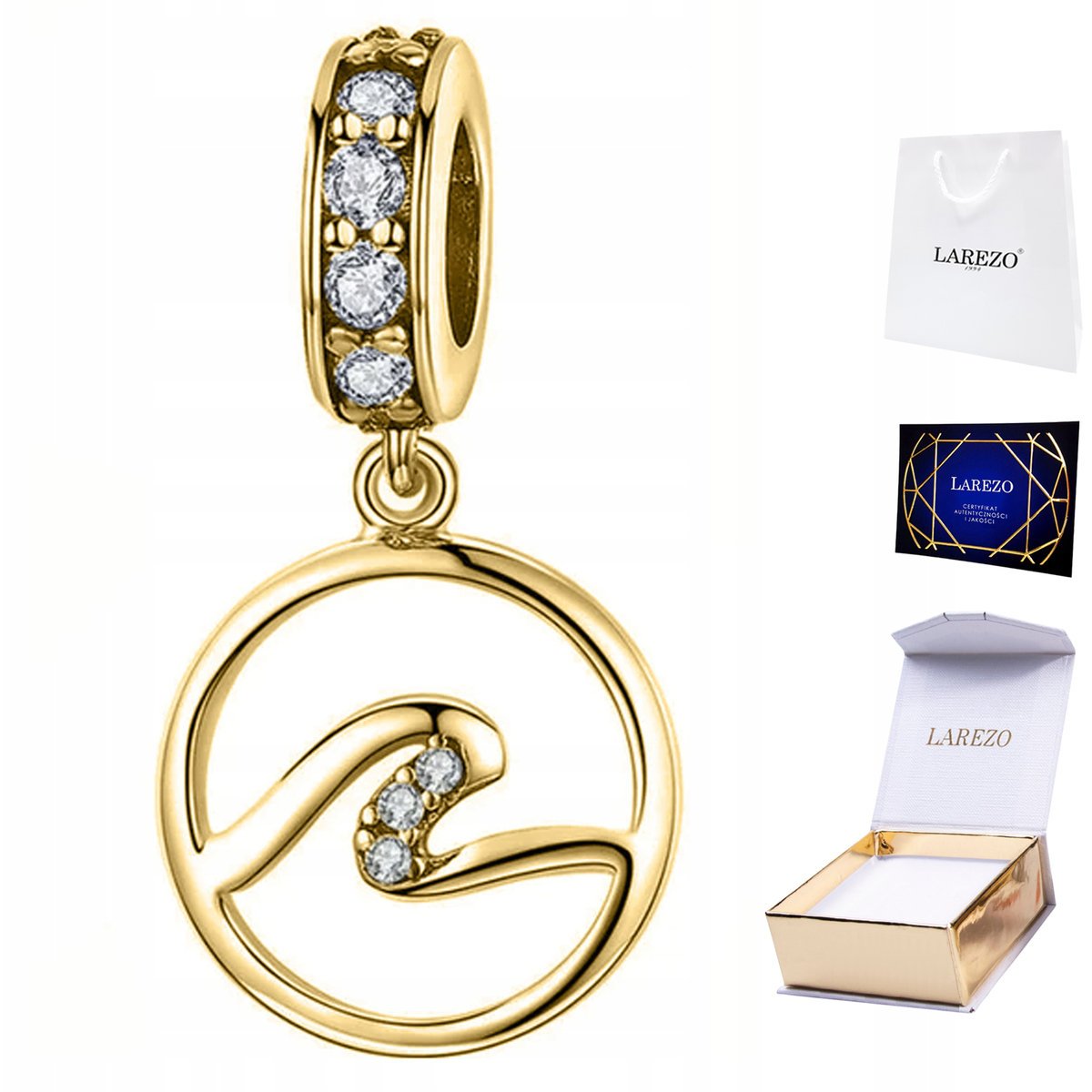 CHARMS ZŁOTY Wiszący z Cyrkoniami Fala Morze Okrągły Morski SREBRO 925