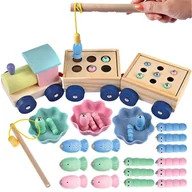 Łamigłówki - Drewniany pciąg, sorter kolorów,  łowienie rybek, gra złap roboaczka 4w1 Montessori - miniaturka - grafika 1
