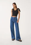 Spodnie damskie - Stradivarius D77 Minimalistyczne jeansy z kieszeniami Niebieski overdye 38 - miniaturka - grafika 1