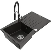 Zlewozmywaki z baterią - Mexen Cesar zlewozmywak granitowy 1-komorowy z ociekaczem i baterią kuchenną Aster, czarny/złoty metalik - miniaturka - grafika 1