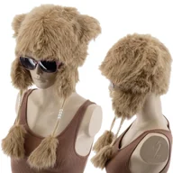 Czapki damskie - Ciepła Zimowa Czapka Damska Z Futerkiem Brązowa Kotki Kocie Uszka Pompony - miniaturka - grafika 1