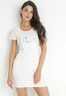 Sukienki - Biała Sukienka T-shirtowa Mini z Nadrukiem Omnia - grafika 1
