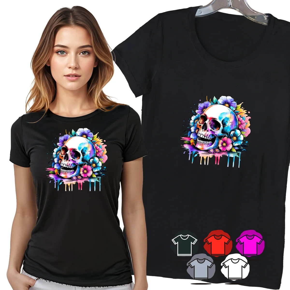 KOSZULKA DAMSKA T-SHIRT - CZASZKA KWIATY KOLOROWY PORTRET DAMSKI WZÓR - XXL