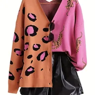 Swetry damskie - TEMU Sweter kardigan damski w leopardzie – dekolt V, guziki z przodu, dwukolorowy, elegancki sweter na imprezy i do biura, długi kardigan - miniaturka - grafika 1