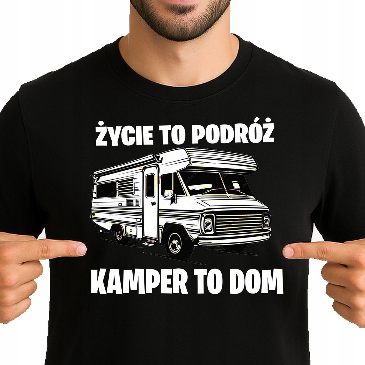KOSZULKA MĘSKA ŻYCIE TO PODRÓŻ KAMPER TO DOM CAMPER CAMPING S 3454 CZARNY