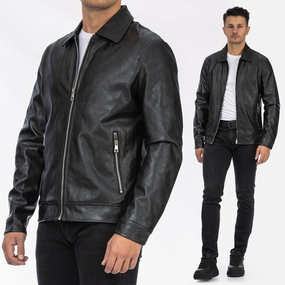 Męska kurtka skórzana czarna ze skóry ekologicznej klasyczna elegancka 5116-1 XL Czarny